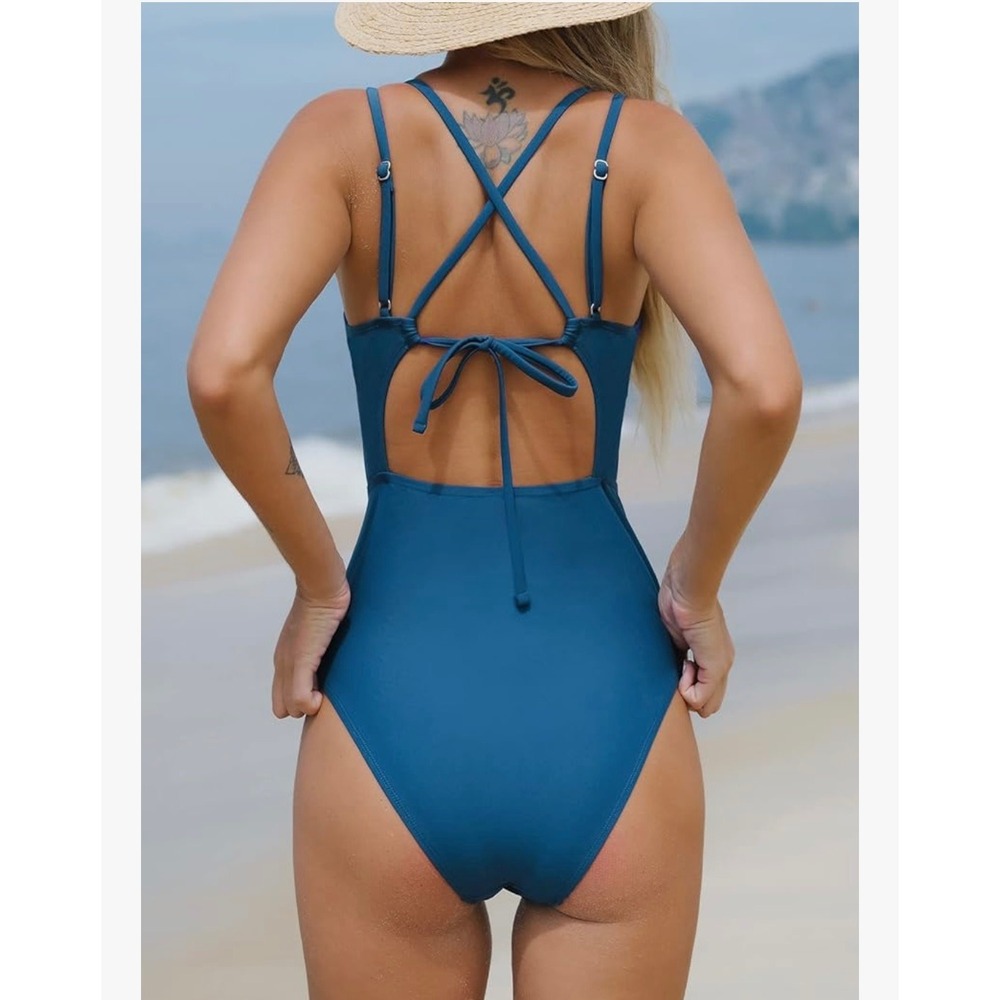Cupshe Lace Up‎ One Piece Swimsuit  Criss Cross Back Tie Blue Swimwear size S